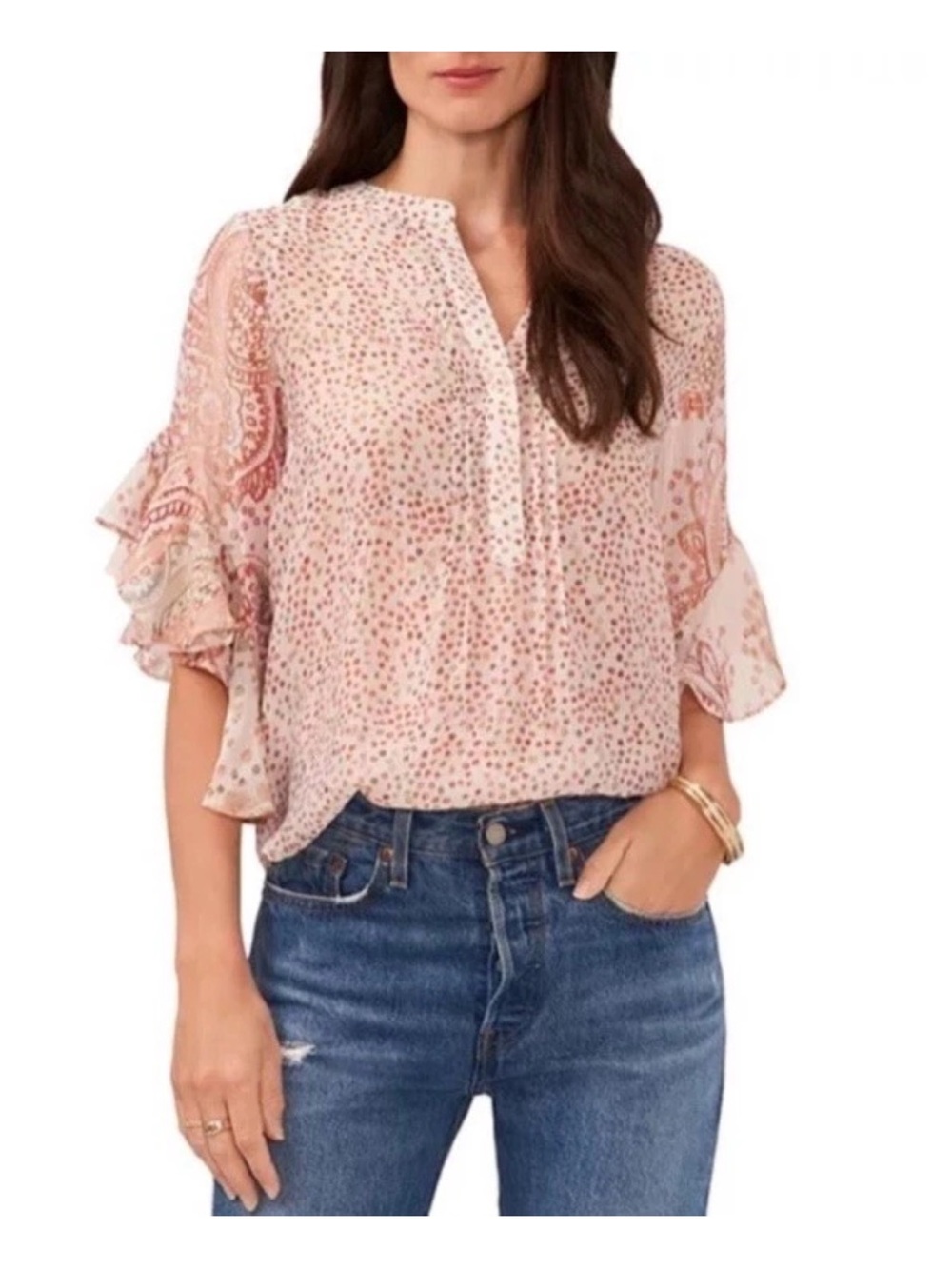 Vince Camuto Pink Coral Sheer Flutter Sleeve Blouse S